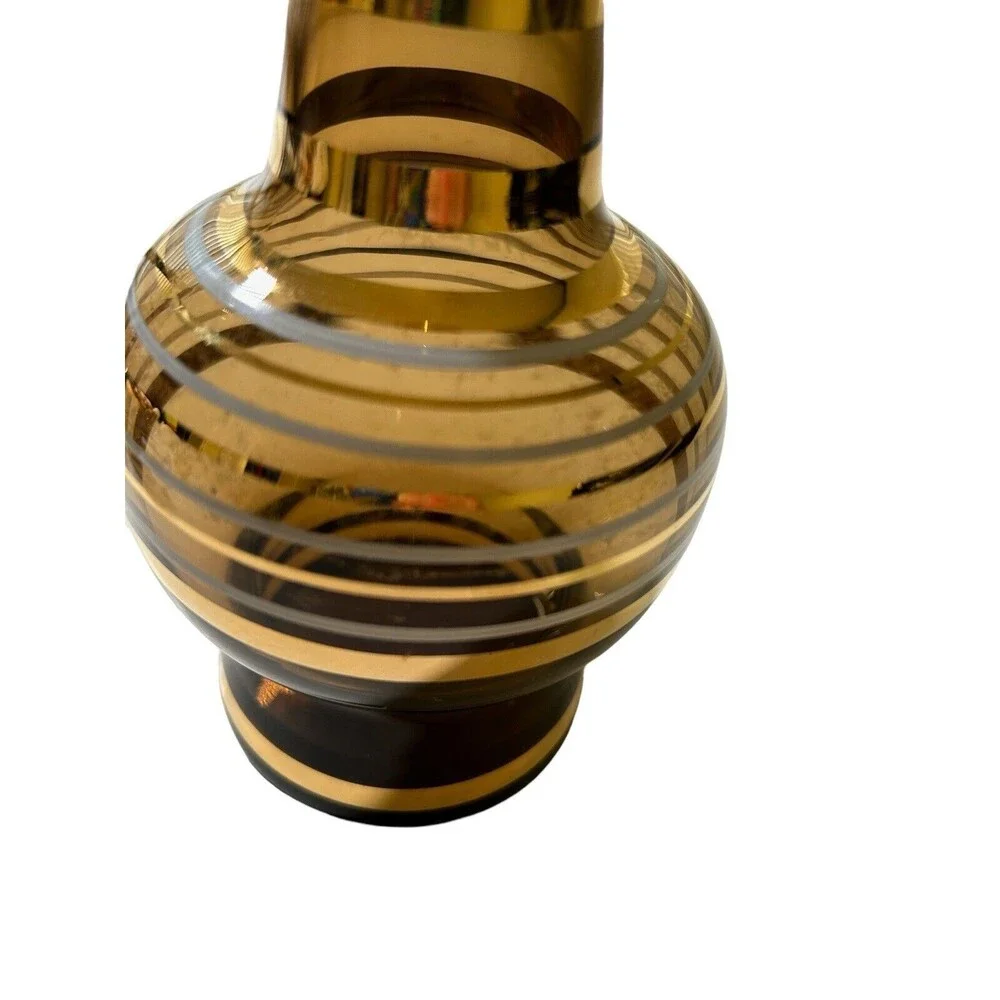 VINTAGE MCM BOHEMIAN SMOKE GLASS DECANTER WITH 6 GLASSES GOLD TRIM DESIGN